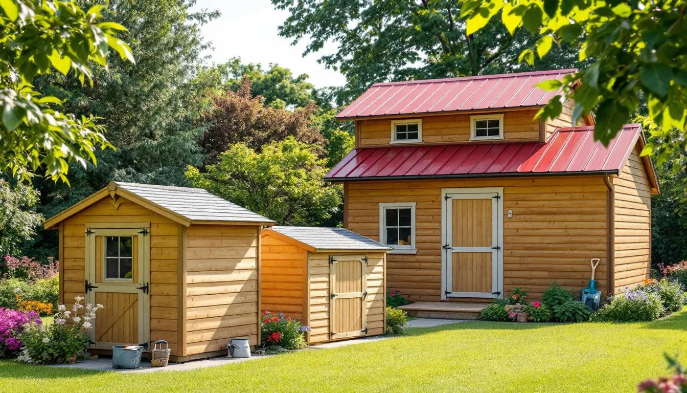 In a garden setting, various sized garden sheds are arranged to illustrate their scale comparison, showcasing wooden garden sheds and a metal shed among lush plants and outdoor space. The image highlights the extensive range of garden buildings available, including smaller potting sheds and larger wooden sheds, all designed to suit different gardening needs and preferences.