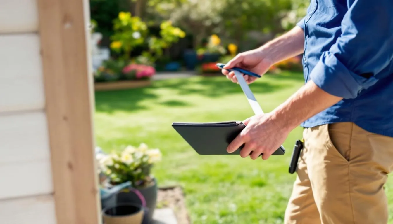 A person is measuring a garden space with a measuring tape and jotting down notes in a notebook to plan for a garden shed. The scene conveys preparation for creating an outdoor space that may include various garden buildings like wooden sheds or potting sheds.