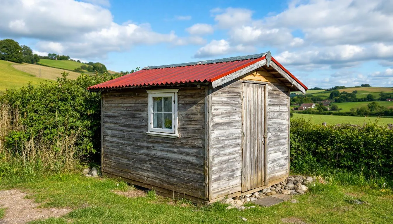 A traditional garden shed is nestled in the picturesque northern English countryside, surrounded by lush greenery and wildflowers, embodying quality craftsmanship and timeless charm. This rustic shed, a perfect addition to any garden, reflects years of reliable service and is ideal for summer projects.