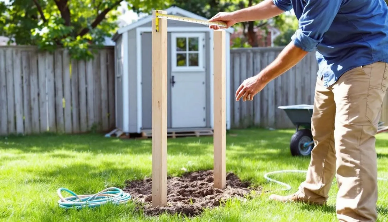 A person is measuring the dimensions of a garden space to prepare for the installation of a wooden shed, surrounded by gardening equipment and plants. This careful planning is essential for ensuring the shed will fit perfectly in the outdoor area.