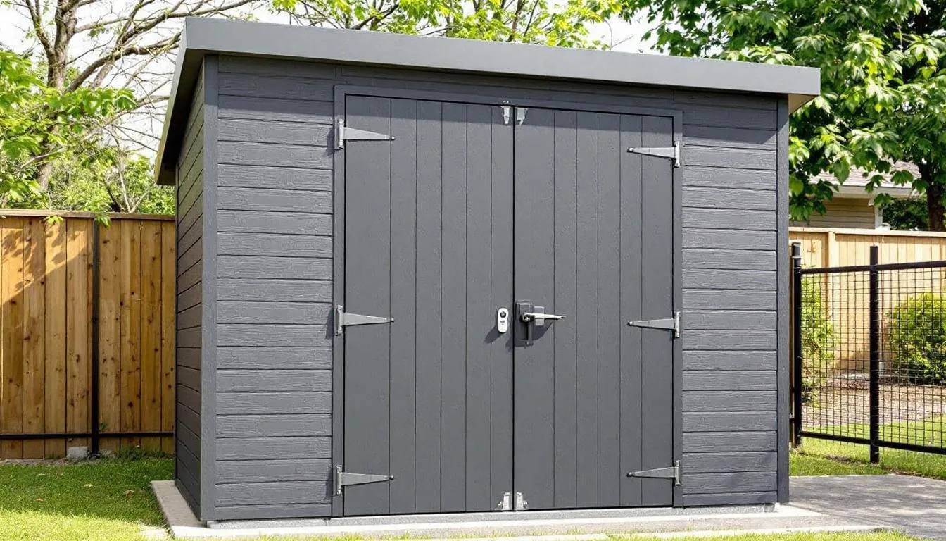A secure composite garden shed with reinforced doors and an advanced locking system, designed for outdoor storage. This weather-resistant and low-maintenance storage solution is perfect for keeping gardening tools and equipment safe.