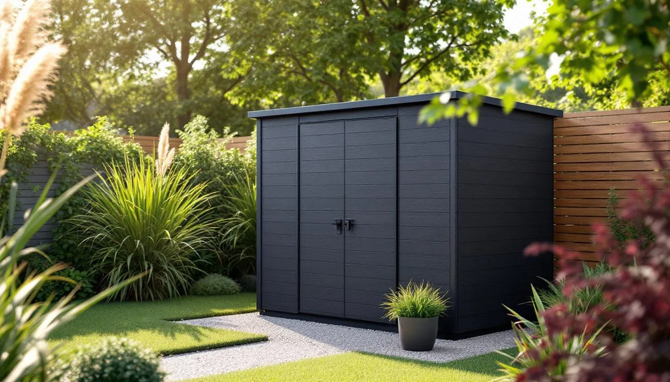 A modern composite storage shed with a stylish wood-grain finish stands prominently in a contemporary garden setting, offering a perfect storage solution for outdoor tools and equipment. This weather-resistant shed combines durability with low maintenance, making it an ideal choice for any garden.