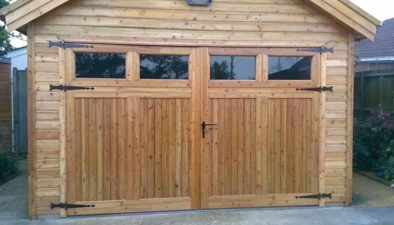 A wooden garage features a multi-point locking system for enhanced security, complemented by toughened glass windows that provide both durability and aesthetic appeal. This sturdy construction ensures safe vehicle storage and ample space for additional storage needs.