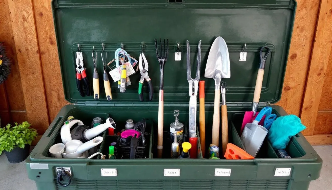 The image depicts the interior of an organized outdoor storage box, showcasing various compartments filled with gardening tools and accessories, such as trowels and gloves. This waterproof garden storage box provides a clutter-free solution for keeping garden essentials easily accessible in your outdoor space.
