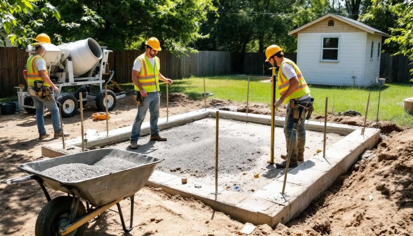 Workers are seen preparing a concrete foundation for a garden shed, ensuring a sturdy base for this outdoor space. The scene captures the essence of building garden buildings, highlighting the importance of professional installation for long-lasting quality.