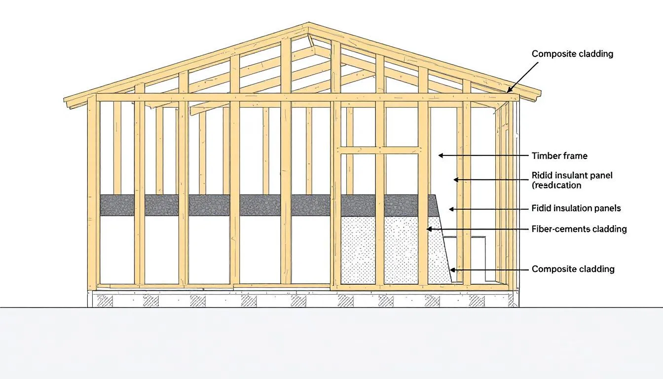 A cross-section view illustrates the construction layers of a composite garden shed, showcasing the timber frame, insulation, and composite cladding that make it a durable and weather-resistant outdoor storage solution. This design emphasizes low maintenance and high quality, ideal for various gardening needs.