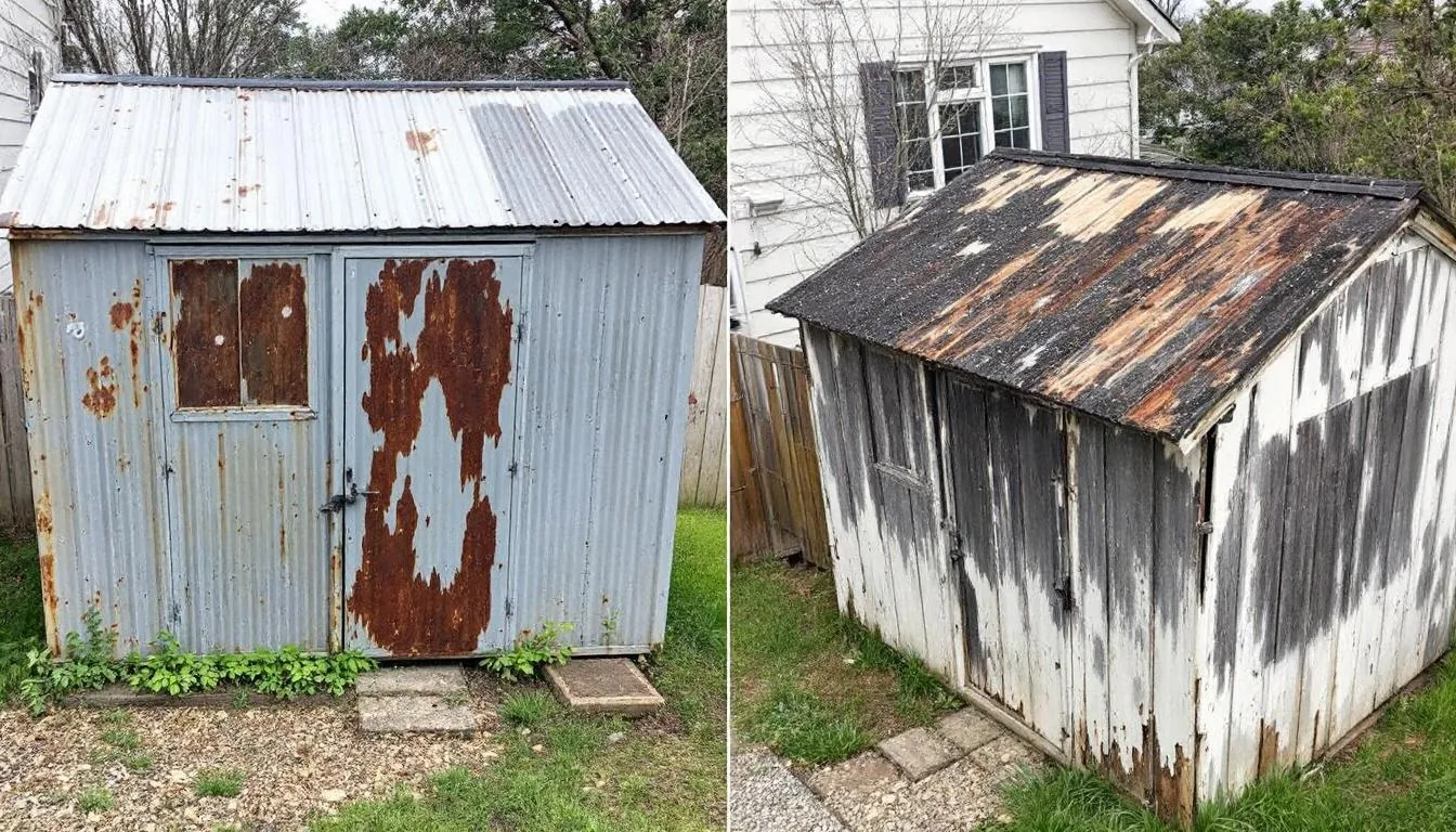 In this image, a comparison showcases a weathered wooden shed alongside a well-maintained metal garden shed, highlighting the differences in durability and damage from the elements. The metal shed, made of galvanised steel, appears intact and secure, while the wooden shed shows signs of rot and degradation, emphasizing the advantages of choosing metal storage sheds for garden tools and belongings.