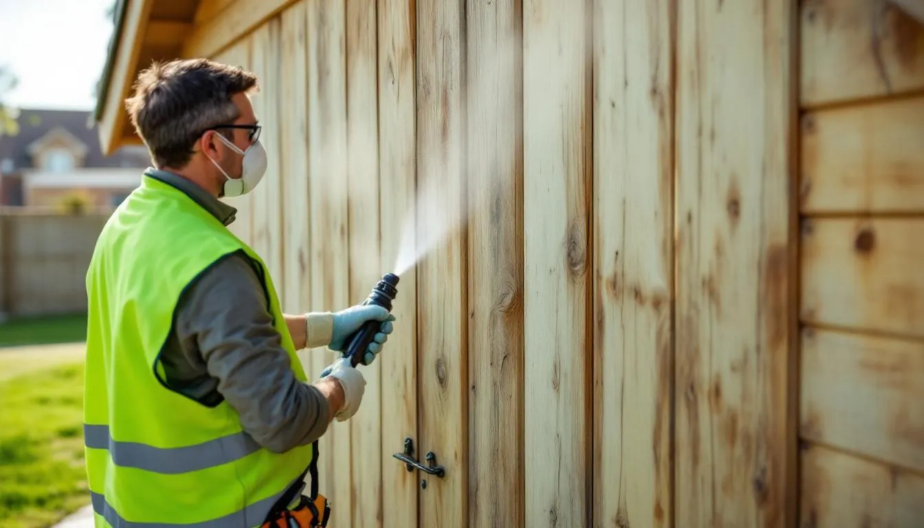 Applying a wood preservative to the exterior of a timber garage, the image showcases maintenance activities focused on enhancing the durability and aesthetic appeal of wooden garages. The process highlights the importance of using high-quality materials for long-lasting protection against the elements.