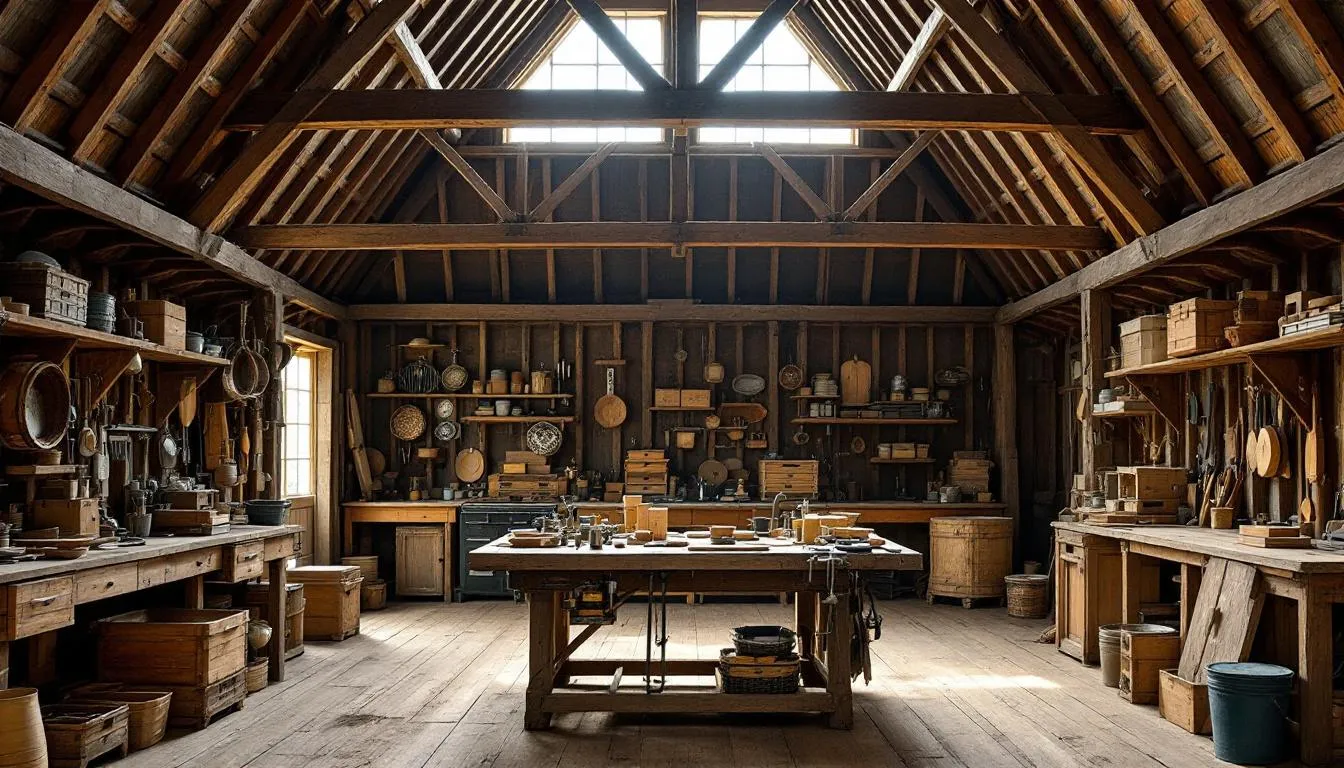 The interior of a Dutch barn features a high ceiling with ample storage options, including a well-organized workbench setup. The wooden walls showcase a combination of tongue and groove design, while the spacious layout allows for efficient use of the barn's structure.