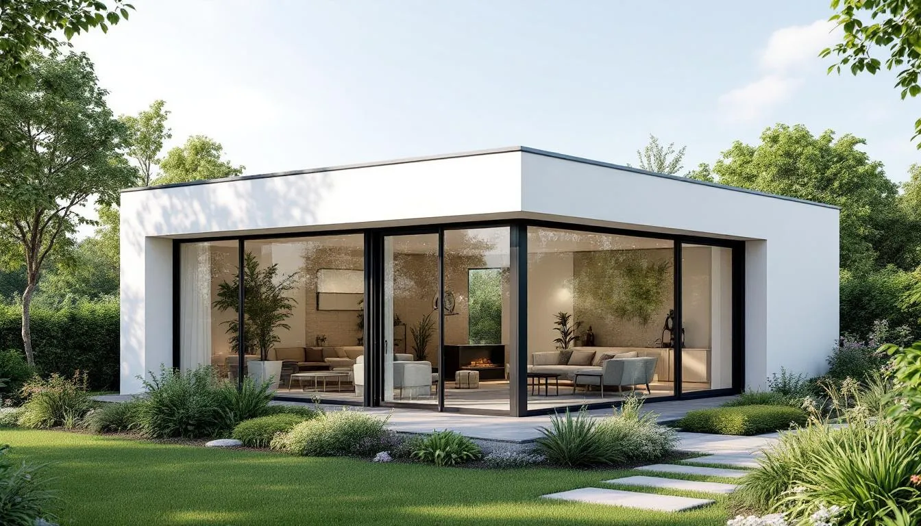 A modern corner summerhouse featuring large windows and a sleek design is nestled within a beautifully landscaped garden. This garden building is crafted with groove shiplap cladding, providing a stylish and relaxing space for year-round use in the south east of England.