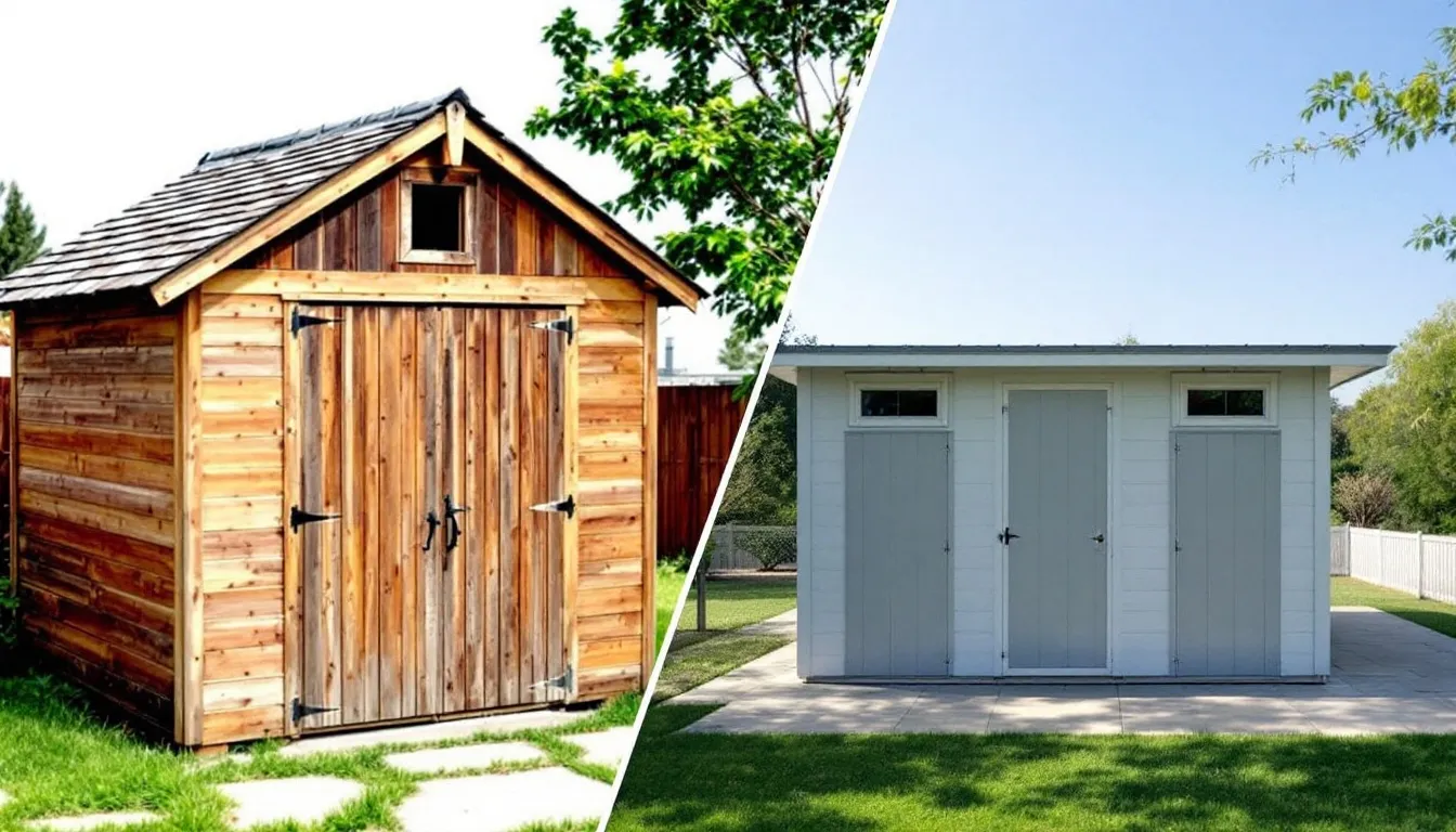 In this image, a comparison of wooden and metal garden sheds is displayed, highlighting various roof styles and construction features, such as sloping sides and sturdy doors. The wooden shed showcases natural timber, while the metal shed offers a sleek, modern appearance, both designed for functionality in garden spaces.
