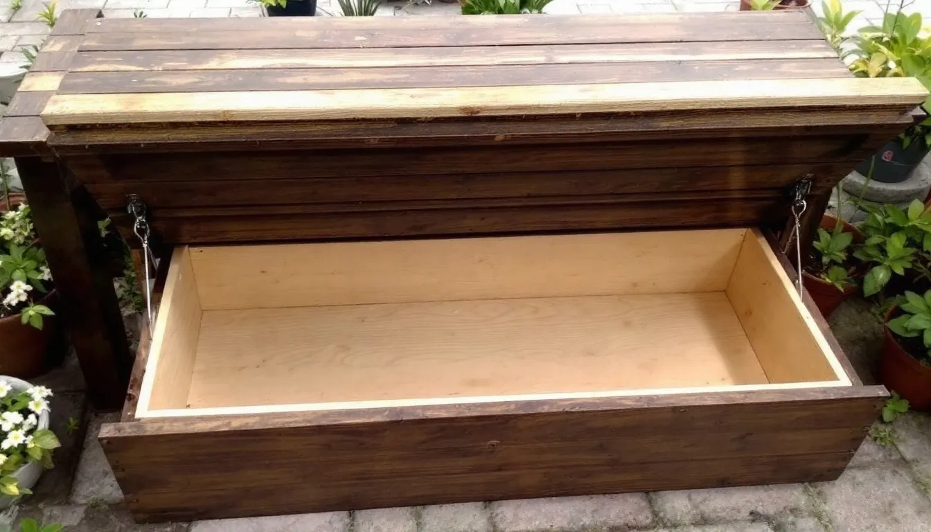 A wooden bench storage planter features an open compartment revealing ample storage space for garden tools and plants, designed to complement any outdoor area. This ideal combination selection of seating and storage enhances your garden while providing a perfect spot to sit and enjoy your surroundings.