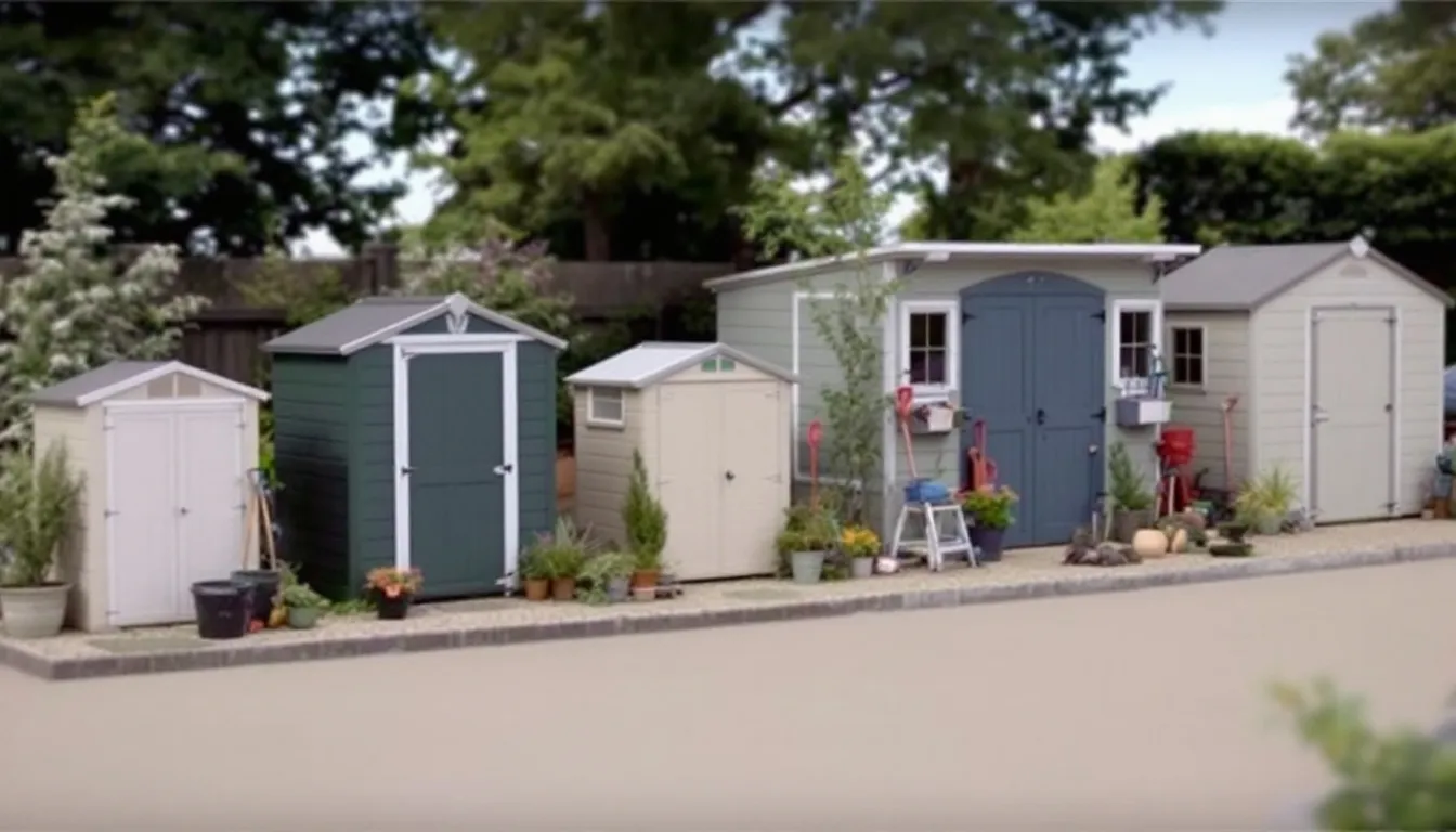 The image shows a collection of various sized plastic garden sheds displayed in a garden center, showcasing a range of styles and colors. These durable and weather-resistant plastic storage sheds are ideal for keeping garden tools and belongings safe, offering a low maintenance solution for outdoor spaces.