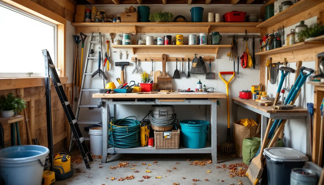 The image depicts a variety of shed maintenance tools and supplies, neatly organized to facilitate seasonal care of a wooden garden shed. Items include paint, roofing felt, and a pressure washer, all essential for preventing wood rot and maintaining the shed's roof and walls.