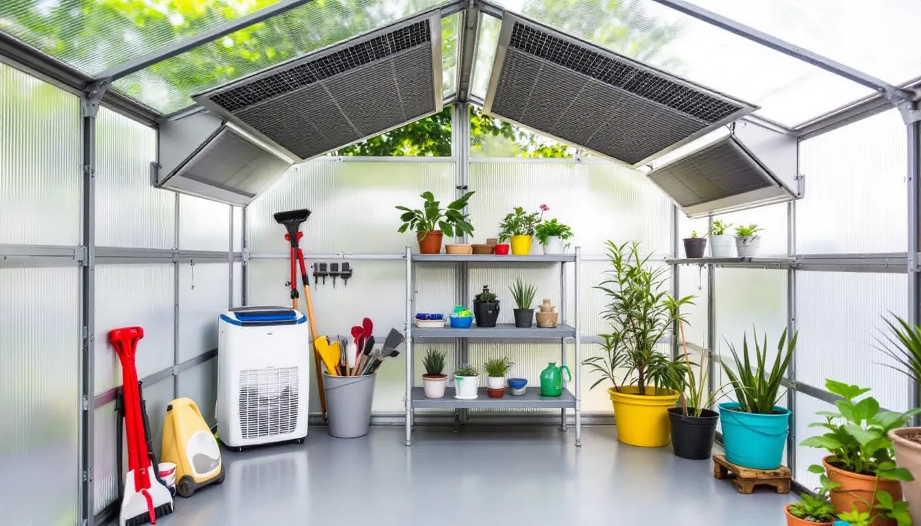 The image depicts the interior of a well-organized plastic storage shed, featuring proper ventilation vents and moisture control features that ensure a dry environment for garden tools and equipment. The light grey walls and natural light create a bright, inviting space, ideal for storing gardening gear in a maintenance-free and durable setting.