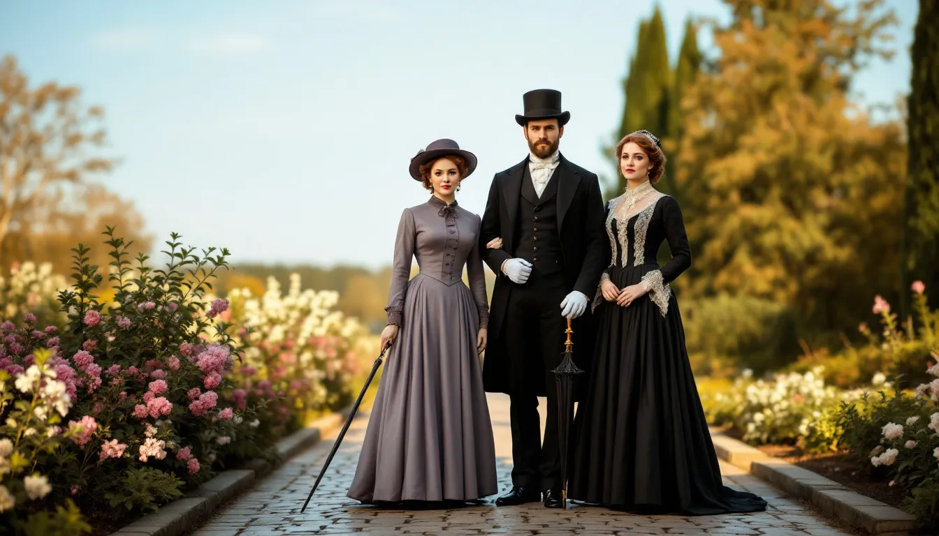 The image depicts three Victorian-era individuals dressed in formal attire, standing together outdoors amidst a backdrop of lush gardens and ancient trees. This scene captures a moment in history, reflecting the elegance and culture of the past, inviting viewers to explore the beauty of historic landscapes.