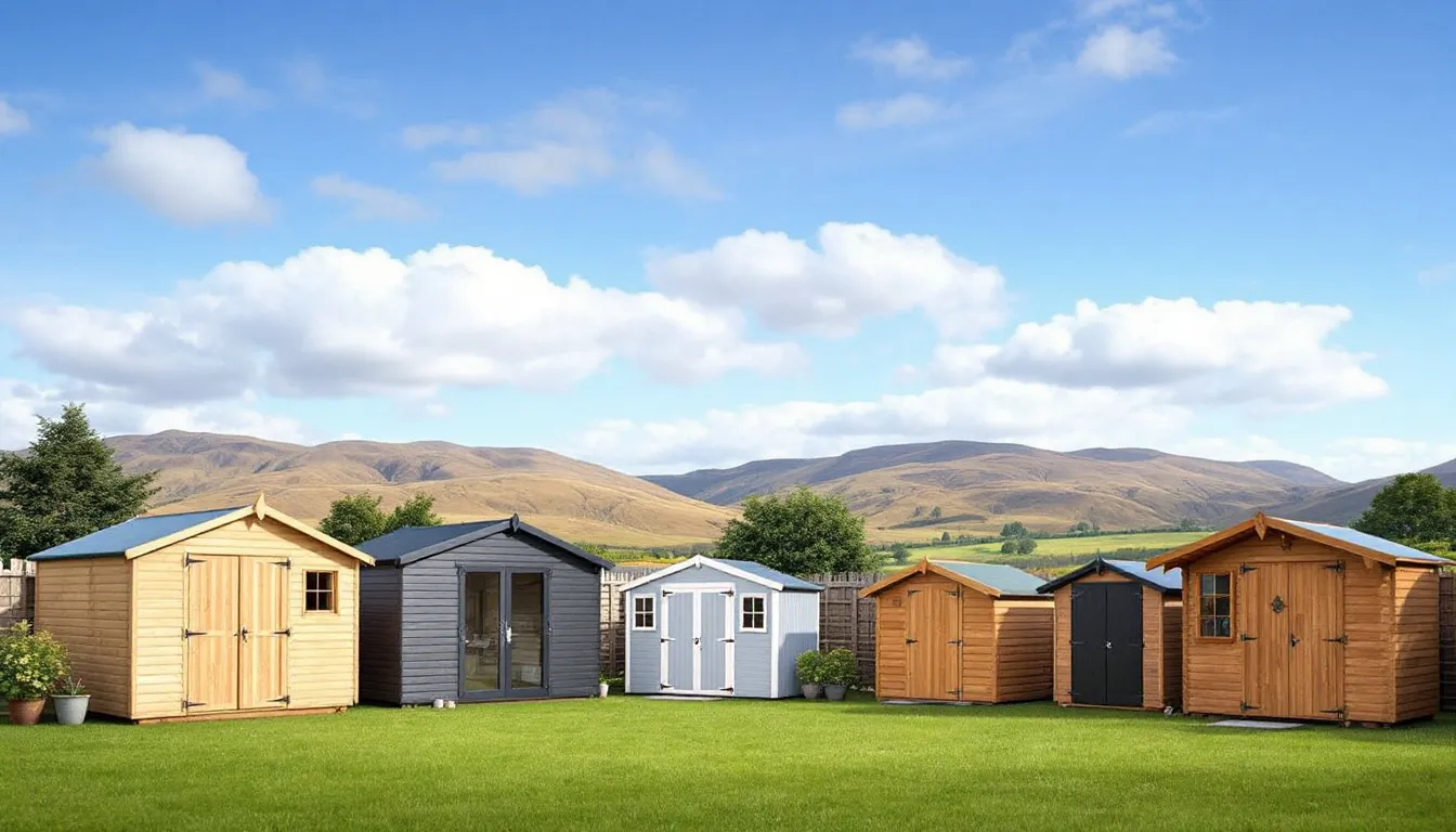 In a Scottish supplier's showyard, various styles of garden sheds are displayed against a picturesque Highland backdrop, showcasing timber buildings designed for functionality and aesthetics, including potting sheds and hobby rooms. The scene highlights the quality and craftsmanship of these garden buildings, perfect for enhancing any garden space.