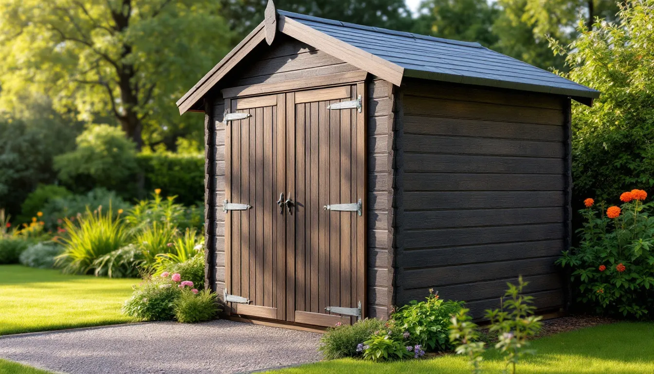 A well-maintained wooden garden shed, showcasing proper timber treatment and weather protection, stands in a lush Scottish garden, surrounded by greenery. The shed features sloping sides, sturdy doors, and windows, highlighting its quality as a functional garden building perfect for storage or a hobby room.