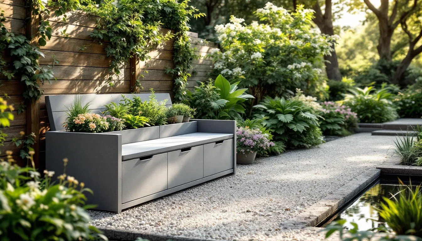 A modern storage planter bench is depicted in a lush garden setting, featuring built-in compartments designed for storing garden tools and plants. This stylish piece combines functionality and aesthetics, making it an ideal addition to any outdoor area.