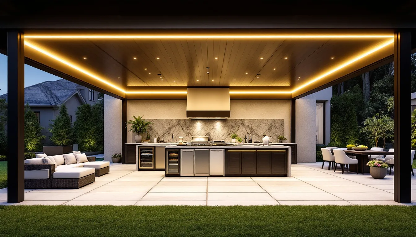 A luxurious wooden pergola stands in an outdoor space, featuring an integrated outdoor kitchen and stylish lighting, creating an inviting outdoor living room. Surrounding the pergola are comfortable chairs, a low coffee table, and potted plants, enhancing the area for relaxation and entertaining guests.