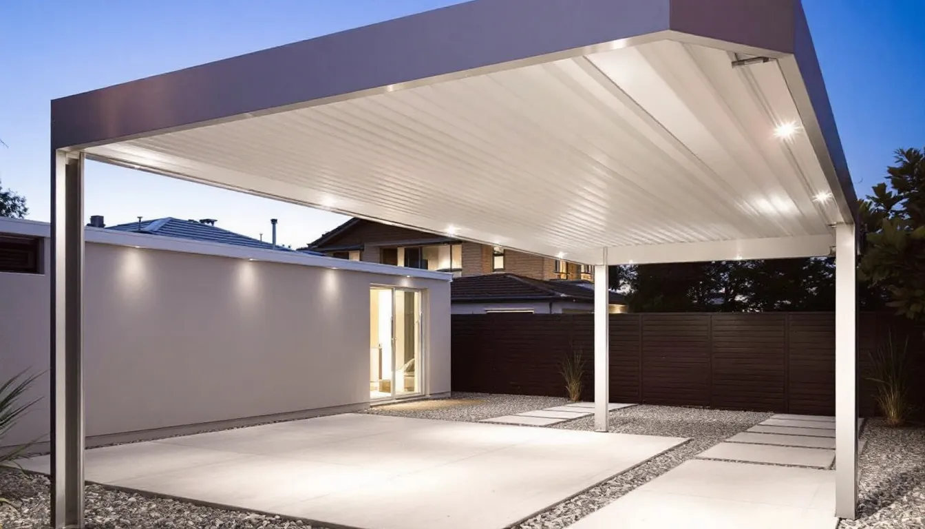 A modern aluminum pergola with a louvered roof and integrated lighting system creates a stylish outdoor living room, offering shade and comfort for relaxation and entertaining. The sleek design enhances the garden space, making it a perfect solution for enjoying the outdoors while accommodating garden furniture and potted plants.