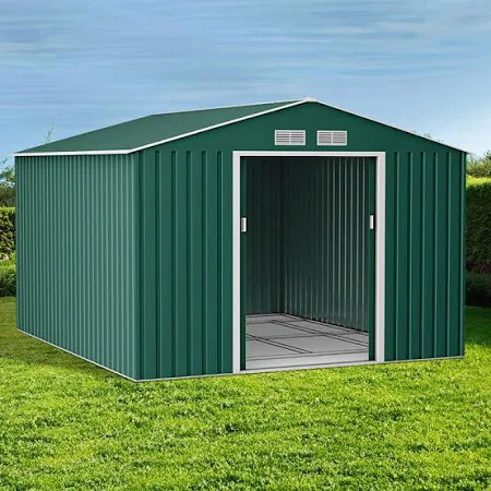 9x8 Lotus Orion Apex Metal Shed with foundation kit, green galvanised steel panels and sliding doors