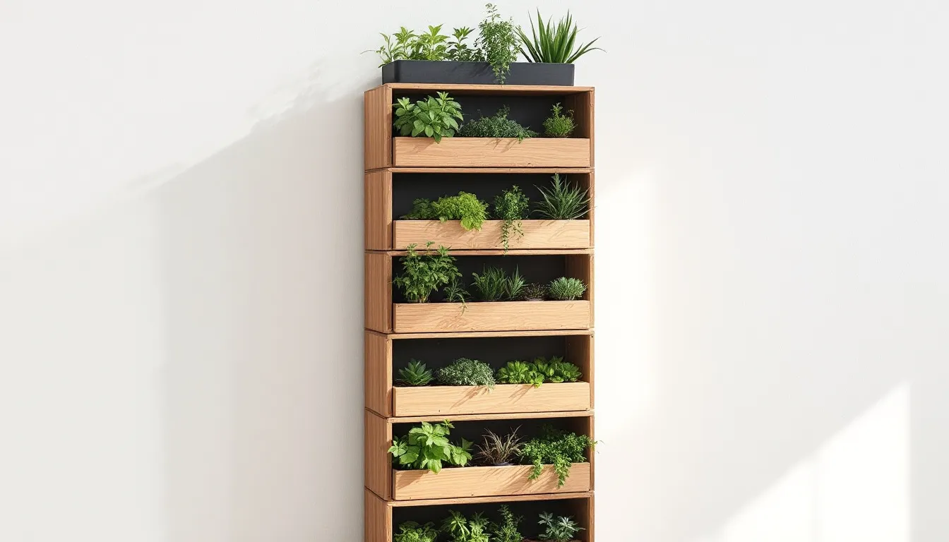 A tall vertical storage planter featuring multiple levels for growing plants, designed to maximize space in any garden area. The planter showcases various shapes and sizes, making it an ideal choice for those looking to enhance their gardening experience.