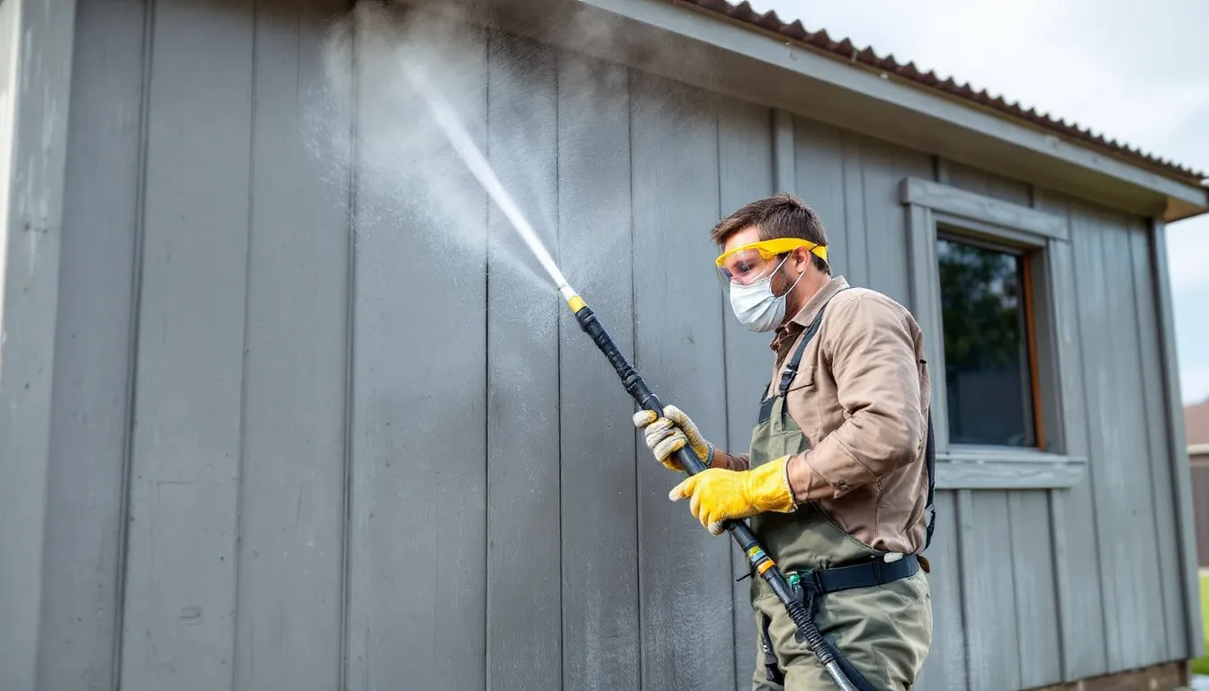 A homeowner is using a pressure washer to clean the exterior of a wooden garden shed while wearing protective equipment. The shed's walls are being cleared of debris and mildew growth to maintain its condition and prevent future problems such as wood rot and water damage.