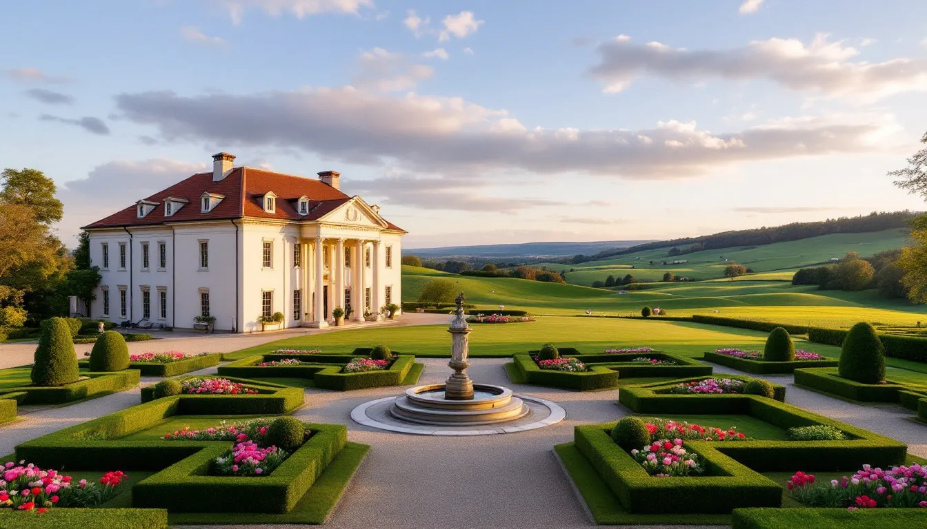 The image depicts a grand historic house surrounded by meticulously maintained formal gardens in the foreground, with expansive rolling countryside stretching into the background, inviting visitors to explore the beauty and heritage of the great outdoors. This picturesque scene captures the essence of nature and history, making it a perfect destination for those looking to escape and enjoy the landscapes of the UK.
