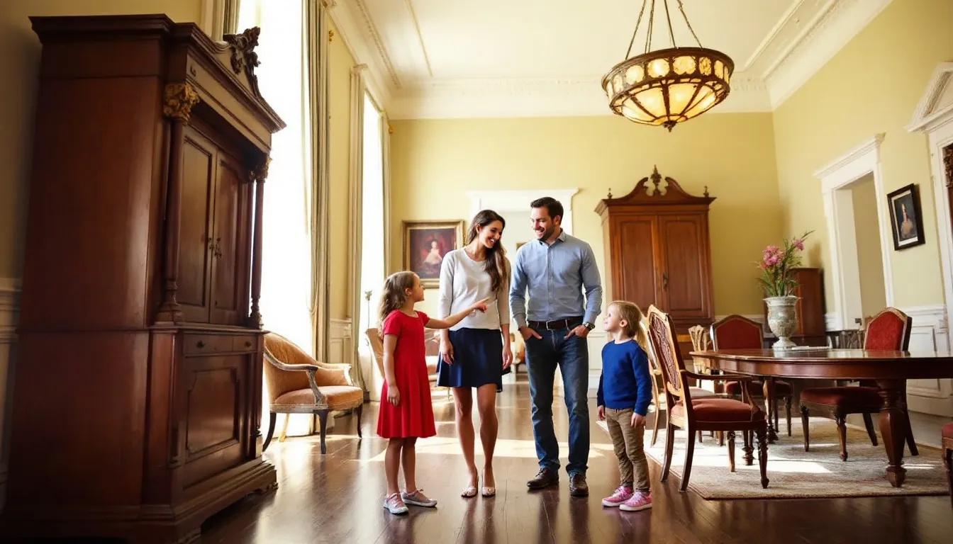 A family with children is exploring the interior of a historic house, surrounded by period furniture that reflects the beauty and culture of the past. This scene captures the joy of learning about history and heritage as they engage with the stories of the property.