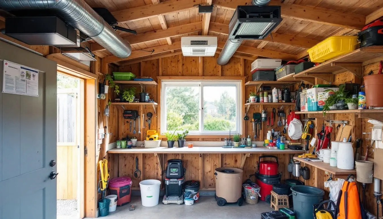 The image depicts an organized interior of a wooden garden shed, showcasing proper ventilation with windows and an efficient storage system for various tools and equipment. The shed's walls are well-maintained, preventing issues like wood rot and moisture build-up, ensuring a clean and functional space for year-round use.