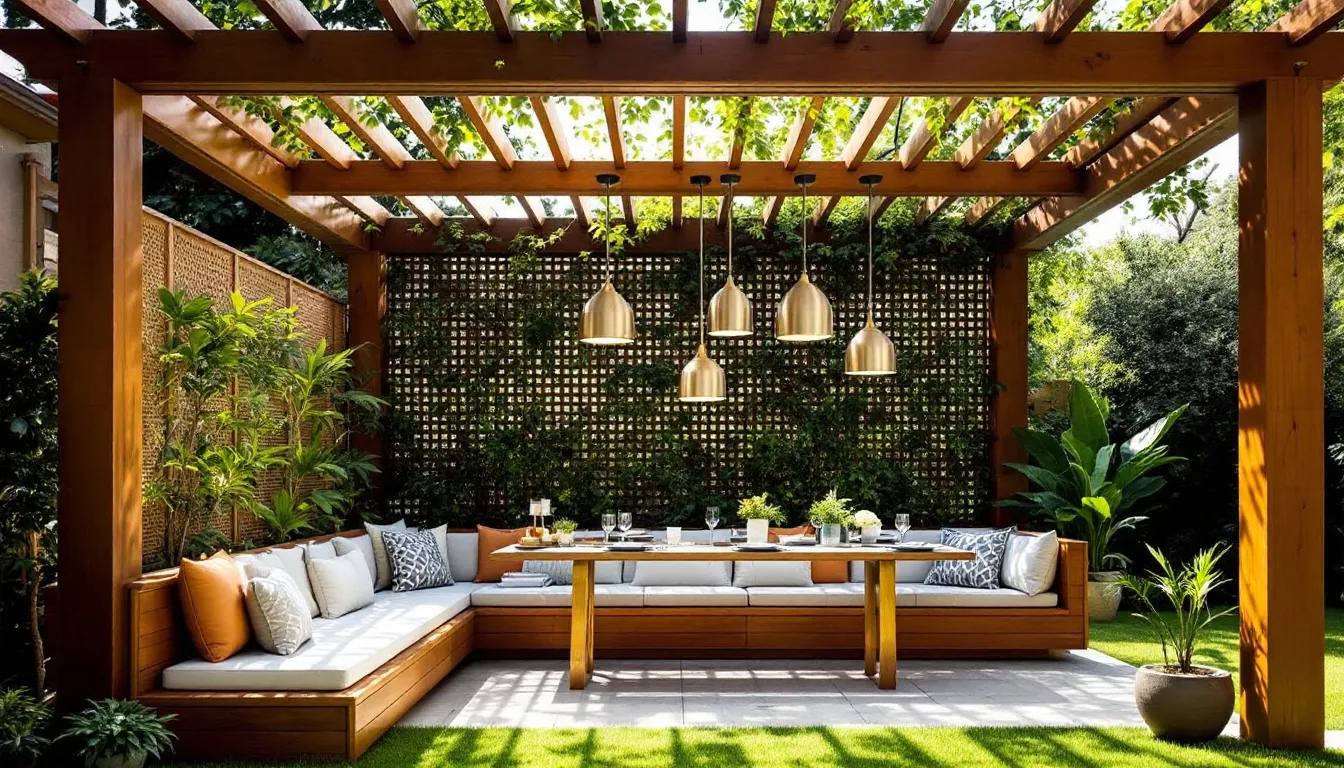 The image depicts an elegant dining area under a white pergola, featuring stylish pendant lights and built-in seating adorned with comfortable cushions. Surrounded by potted plants, this outdoor living space offers a perfect solution for entertaining guests while enjoying the warmth of the sun and the beauty of nature.