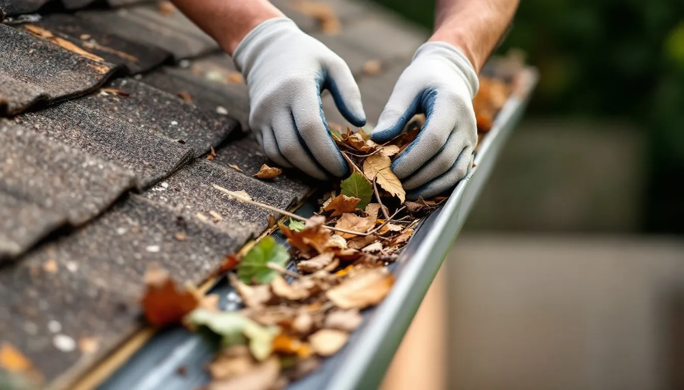 The image shows a close-up view of a shed roof, highlighting the process of gutter maintenance and debris removal. The focus is on ensuring proper air circulation and preventing water ingress, which are essential for maintaining the integrity of the wooden garden shed.