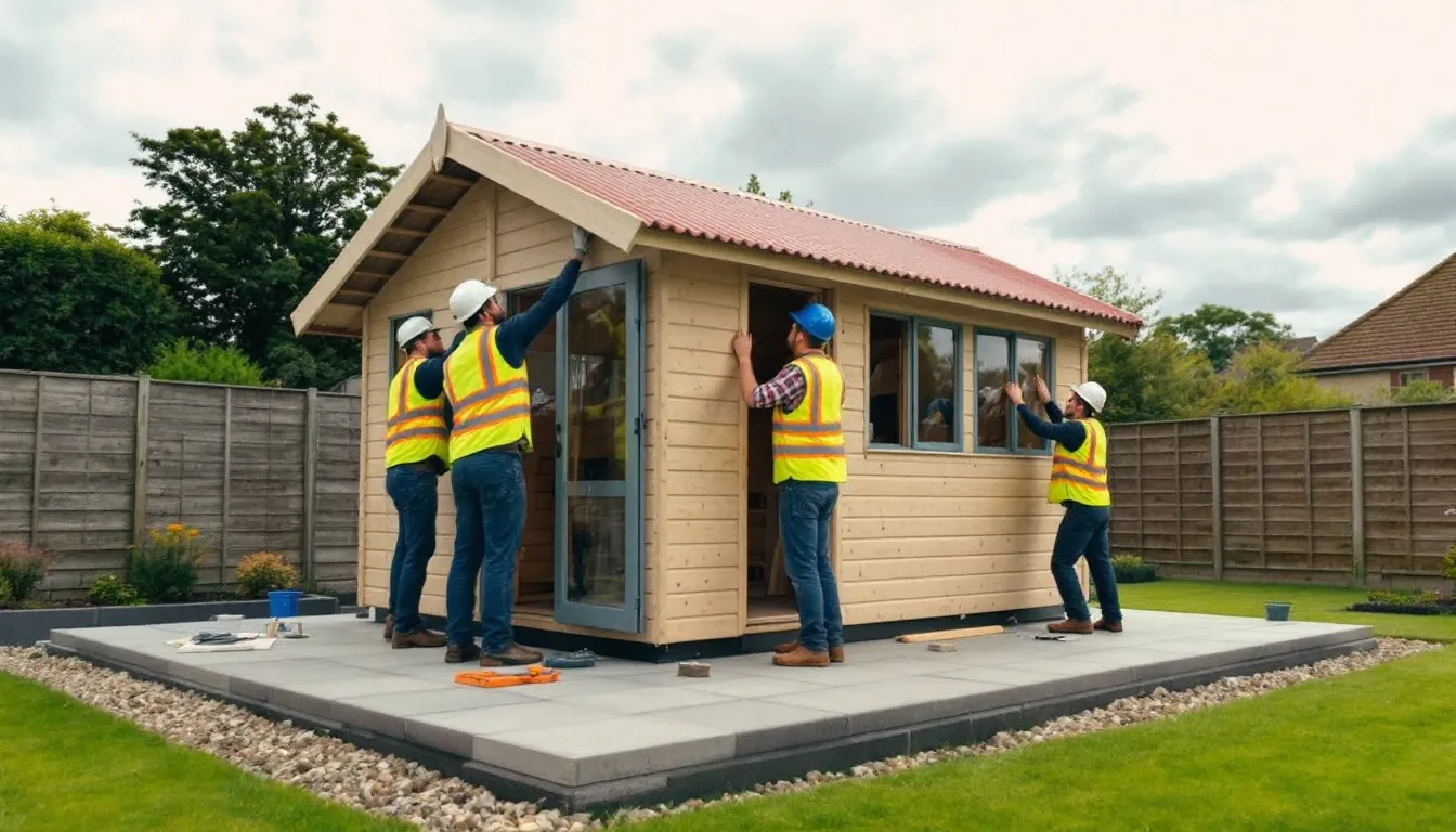 In a picturesque Scottish garden, a professional installation team is assembling a sturdy garden shed on a concrete foundation, ensuring it meets high standards for functionality and design. The shed features sloping sides and quality timber, perfect for use as a workshop or hobby room.