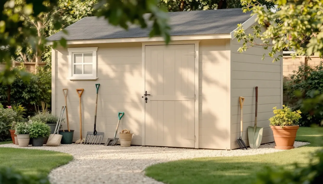The image depicts a well-maintained wooden garden shed with a clean exterior, surrounded by an organized area free of debris. The shed features sturdy walls and a well-kept roof, showcasing the importance of regular maintenance to prevent issues like wood rot and water damage.