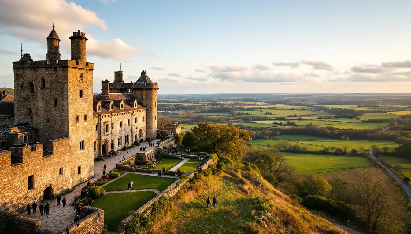 The image depicts a historic National Trust castle standing majestically over the lush countryside, with visitors leisurely walking through the grounds, surrounded by ancient trees and beautiful gardens. This scene captures the essence of exploring heritage and enjoying the great outdoors in a tranquil setting.