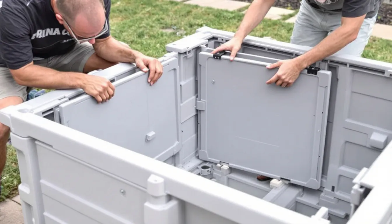 Two people are actively assembling a light grey plastic storage shed, demonstrating the modular panel construction and installation process, which highlights the shed's durability and low maintenance features. The outdoor space is organized with various garden tools and equipment, showcasing a practical solution for keeping belongings safe and secure.