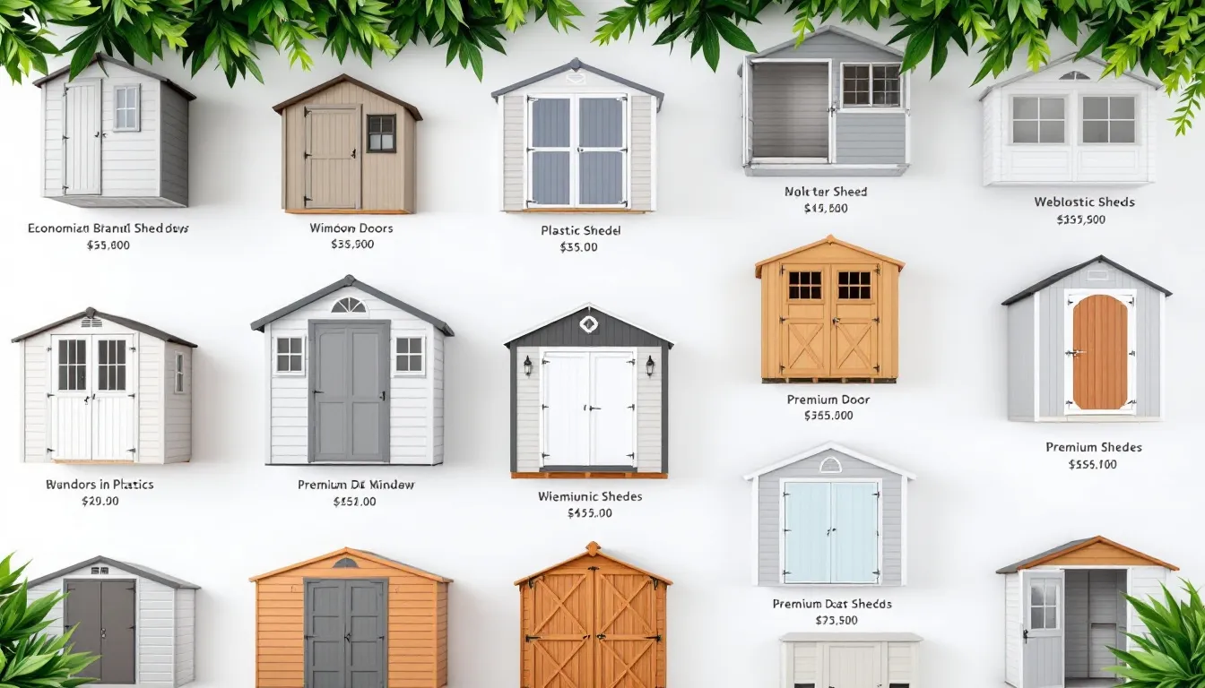 The image showcases a variety of plastic garden sheds from different brands, highlighting various models with distinct features and price points. Each shed is designed for durability and low maintenance, making them an ideal choice for storing gardening gear and outdoor belongings safely.