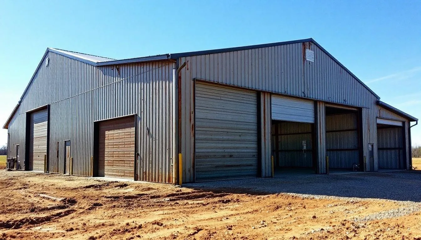 A large agricultural steel building is depicted as a tractor shed, featuring multiple bays with roller doors for easy access. This durable structure is designed to provide secure storage for farming equipment and tools, showcasing the versatility and quality of steel agricultural buildings.