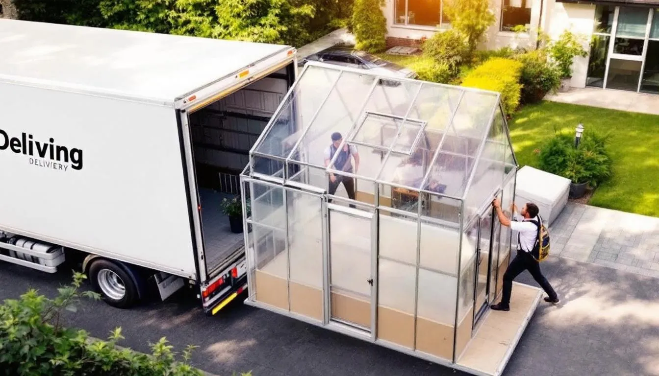 A professional delivery truck is parked at a residential property, showcasing the process of delivering a Halls Cotswold greenhouse. The image features the greenhouse frame, which includes large roof vents and toughened glass, indicating modern greenhouse technology designed for optimal plant growth.