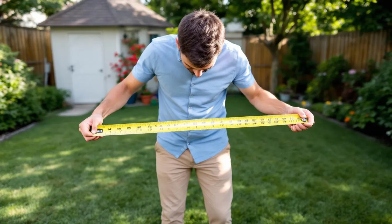 A person is measuring a garden space with a tape measure, preparing to create an organized outdoor area for gardening tools and equipment. The scene suggests planning for a garden shed that will help keep the garden clutter-free.