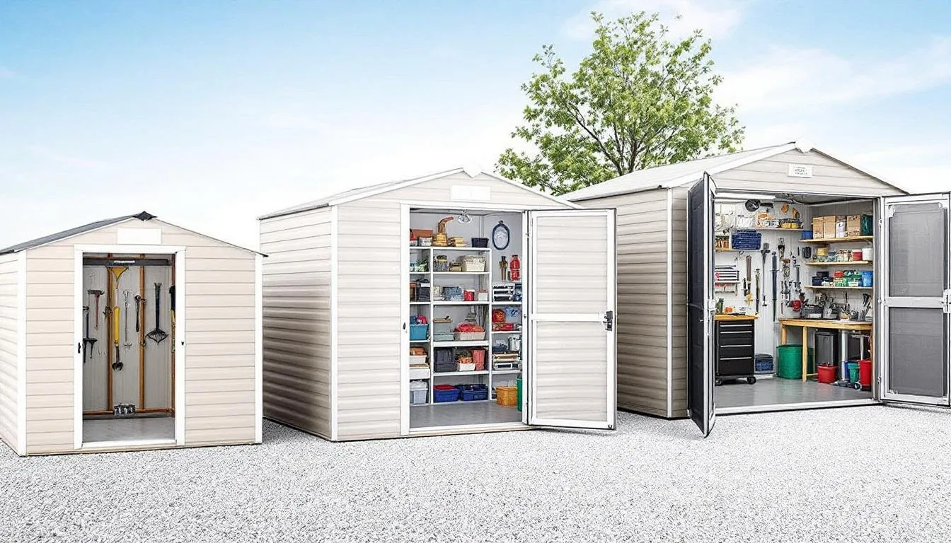 Large metal shed storage building in garden