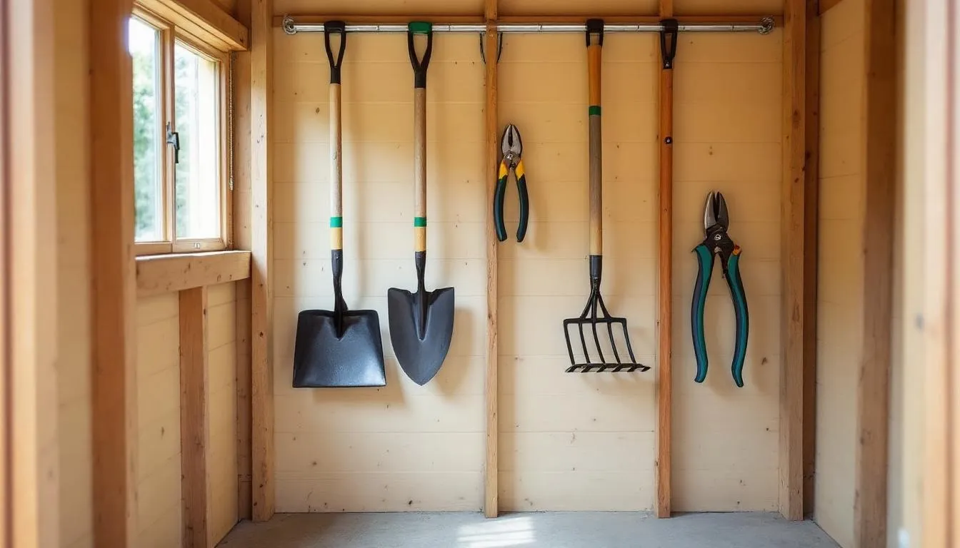 Inside a small garden shed, various garden tools are neatly organized and hanging on the walls, creating a clutter-free outdoor space. The shed features double doors and a modern look, making it a practical and stylish storage solution for gardening equipment.