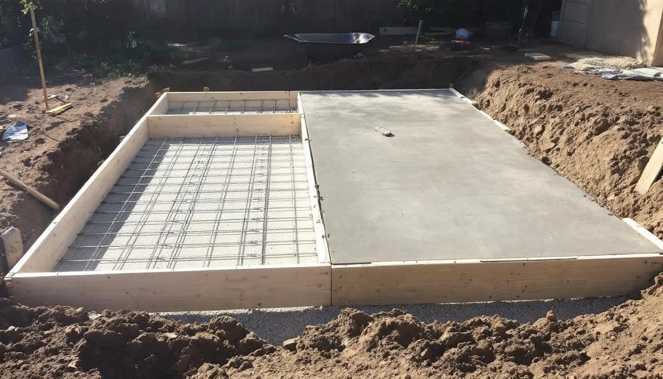 The image depicts a concrete foundation being prepared for the installation of a garden shed, showcasing a solid base that will support the structure. This outdoor space is designed to securely store gardening equipment and outdoor toys, ensuring a clutter-free environment.