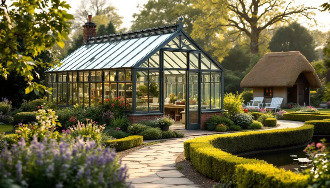 The image depicts a traditional greenhouse in an English garden, showcasing classic British design with large roof vents and toughened glass. This Halls Cotswold greenhouse features a robust frame, ideal for creating a perfect growing space for plants, and is surrounded by lush greenery.