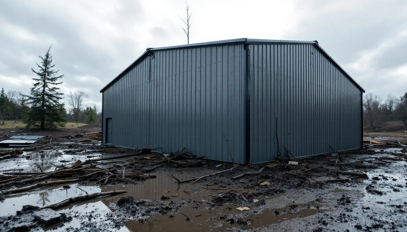 The image depicts a weather-resistant steel building that has withstood severe storm conditions, showing only minimal damage, showcasing the durability and resilience of quality steel structures. This steel building is designed for industrial use, highlighting its robust construction and ability to protect against harsh weather.