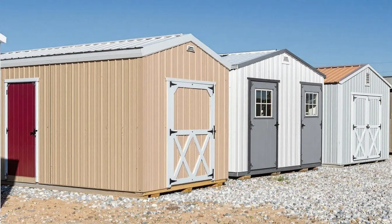 The image showcases a variety of metal sheds from different manufacturers, highlighting their unique design approaches and features, such as double doors and high gables. These durable metal garden storage solutions are ideal for securely storing gardening tools and large garden items while providing low maintenance and reliable protection against the elements.