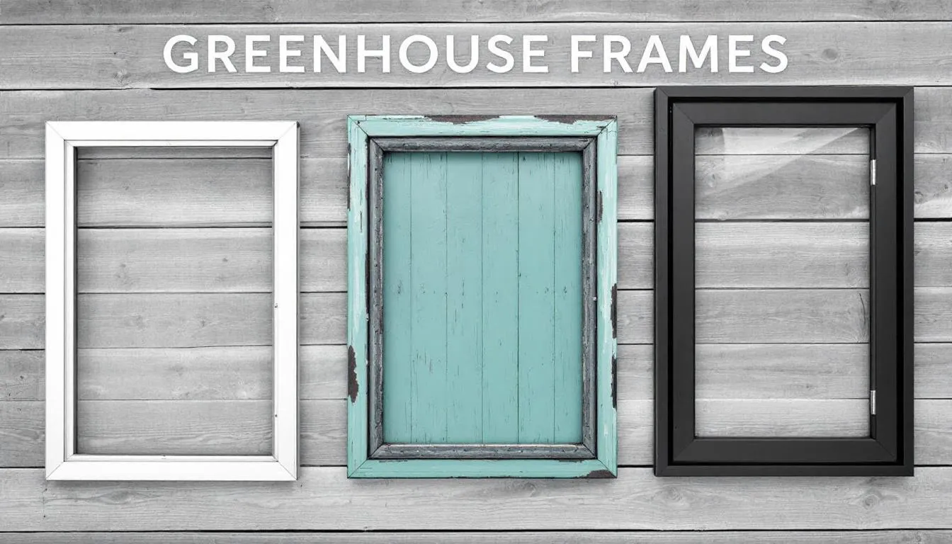 The image showcases a comparison of greenhouse frame colors, featuring silver aluminium, green, and black powder-coated finishes. Each option highlights the robust design typical of Halls Cotswold greenhouses, emphasizing modern greenhouse technology and aesthetic versatility.