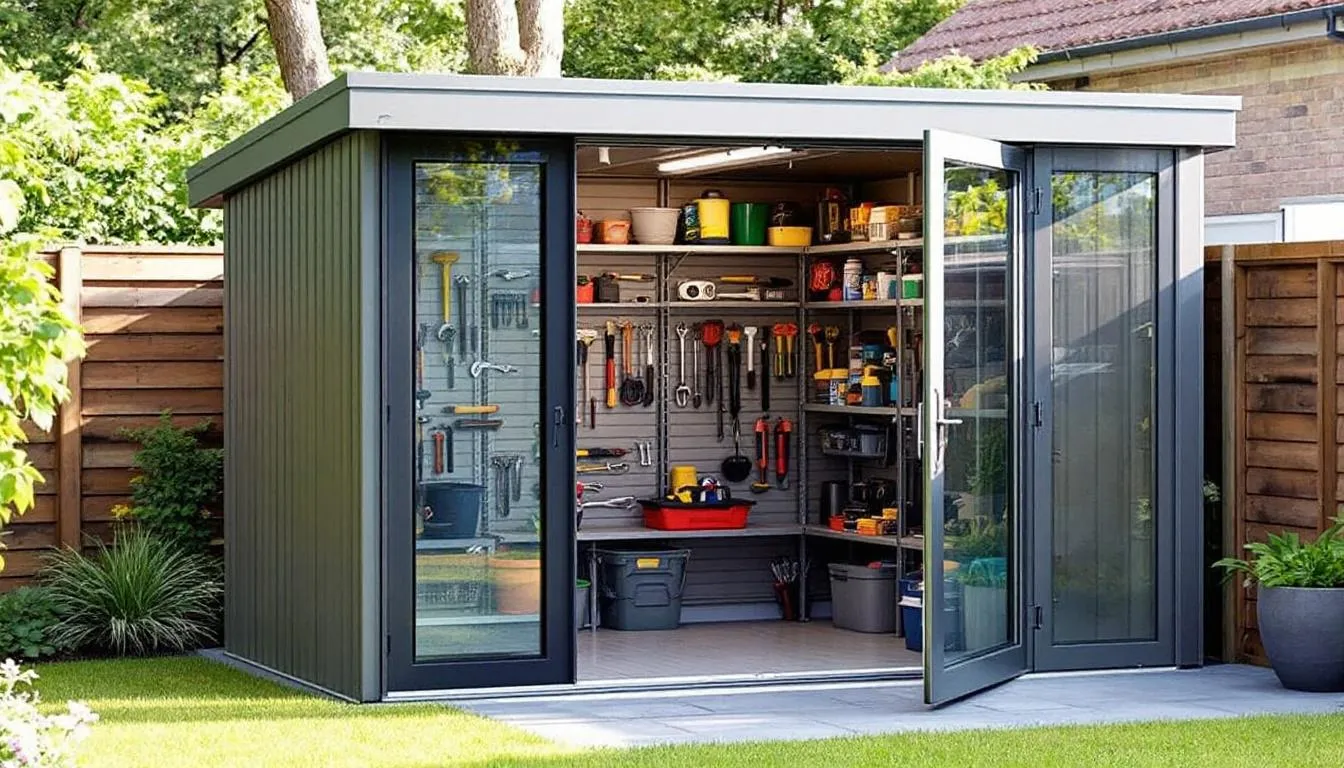 The image depicts a modern metal shed situated in a residential garden, featuring double doors and housing various gardening tools inside. This stylish and durable metal garden storage solution offers easy access and reliable protection for large garden items, ensuring a maintenance-free and secure environment.