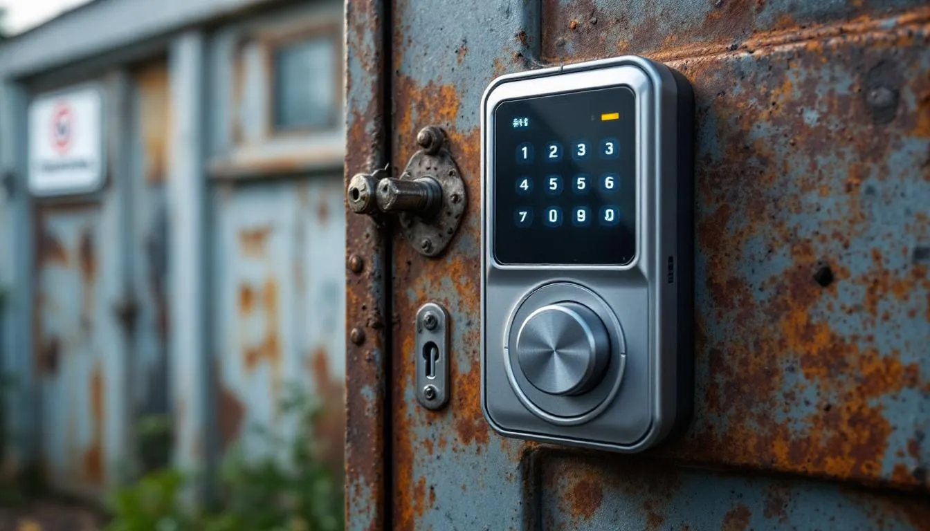The image shows a close-up view of an advanced security lock system installed on the double doors of a metal shed, emphasizing its reliable storage capabilities and protection for gardening tools and large garden items. The lock's design showcases durability and security, making it an ideal feature for maintaining a secure environment for your belongings.